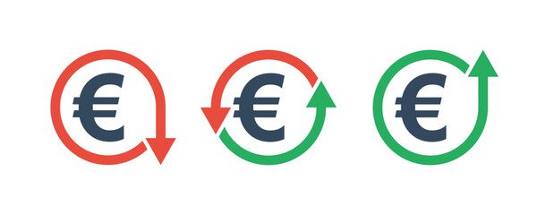 euro currency symbol and round arrows up down, change costs marker, inflation growth or fall inflation indicator, tax up or down icon