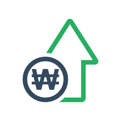 won coin and green arrow, positive economic dynamic concept, south korean currency increase exchange rate indicator