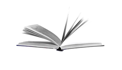 Open book, flipping pages on white background. Modern hardcover, yellowed pages symbolizing education, knowledge, and wisdom. Concept of study, university, and history. Isolated..