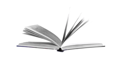 Open book, flipping pages on white background. Modern hardcover, yellowed pages symbolizing education, knowledge, and wisdom. Concept of study, university, and history. Isolated..