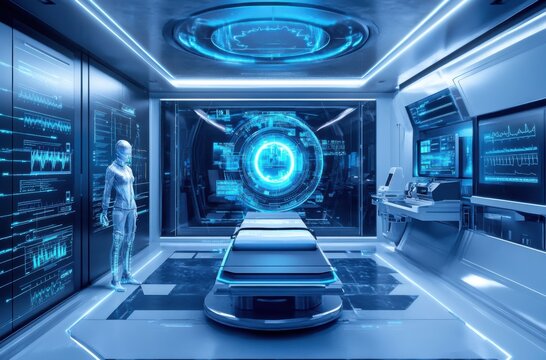 A futuristic healthcare setting where AI analyzes metabolic syndrome patient
