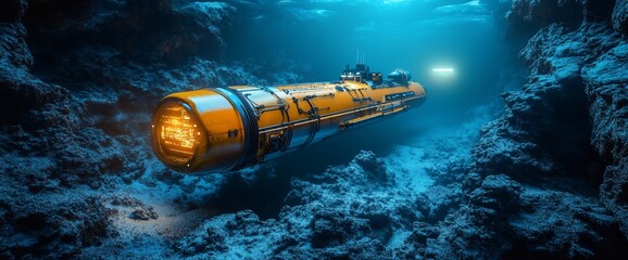 Submersible vessel navigating a deep sea cave, illuminated by internal light