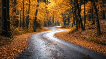 Winding road through vibrant autumn foliage creating a picturesque golden landscape