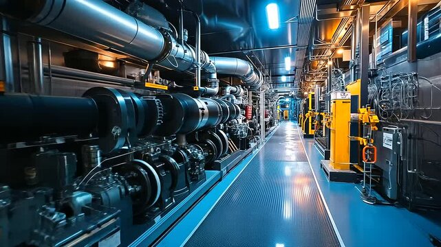 A massive ship engine room with interconnected pipes, turbines, and pressure valves, symbolizing large-scale mechanical engineering.