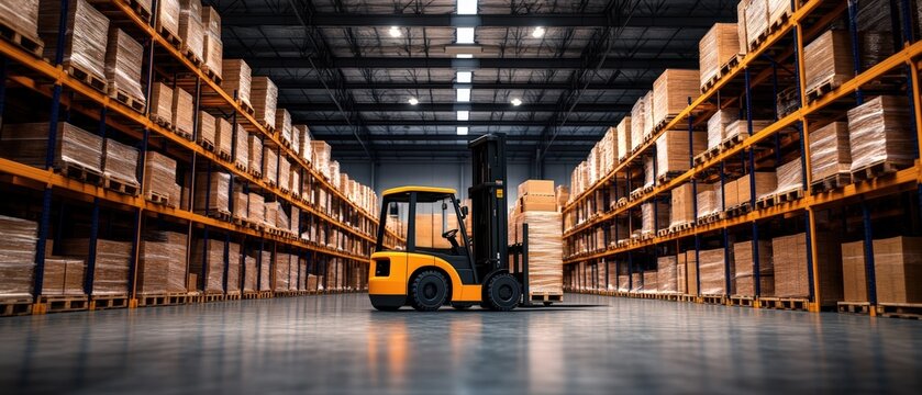 Yellow forklift positioned centrally in expansive warehouse surrounded by tall shelves filled with neatly stacked cardboard boxes for efficient storage solutions