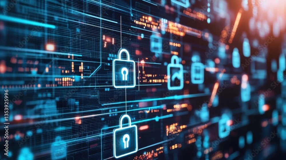 Poster lock symbol displayed on a computer screen representing the importance of cybersecurity and data pri