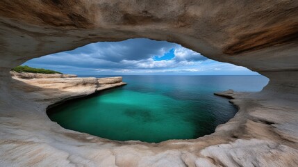 Coastal cave reveals turquoise sea.  Dramatic sky