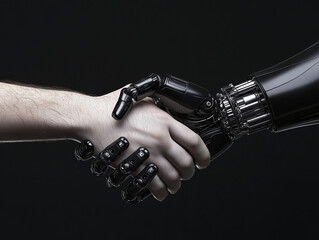 Naklejka premium human and robot handshake over black background