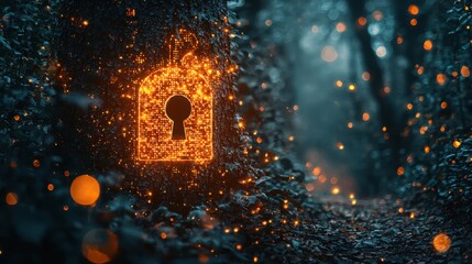 Glowing lock illuminated in a dark forest representing data privacy risk management and security awareness