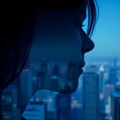 Woman's profile silhouetted against a city skyline at night.