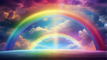 Naklejka premium multi-tiered wooden stage set against a dramatic sky with a vibrant rainbow arching above and colorful clouds