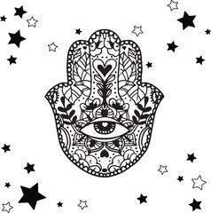 t shirt design mano di Fatima,  cornice stellata e grafica centrale © Angelo