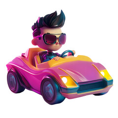 Retro Style Cartoon Boy Driving Pink Car