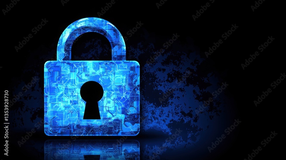 Poster blue lock symbolizing secure data protection on a black background representing encrypted communicat
