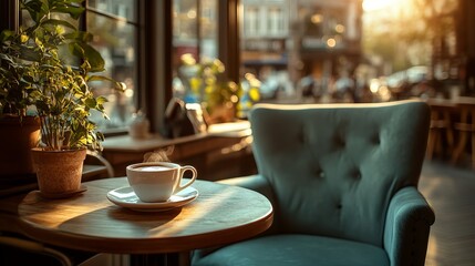 Fototapeta premium Cozy Cafe Scene Featuring a Warm Cup of Coffee on a Rustic Table Surrounded by Inviting Atmosphere