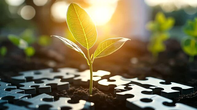 A time-lapse effect of a plant growing through puzzle pieces, showing the gradual yet inevitable integration of sustainability into business, technology, and society.