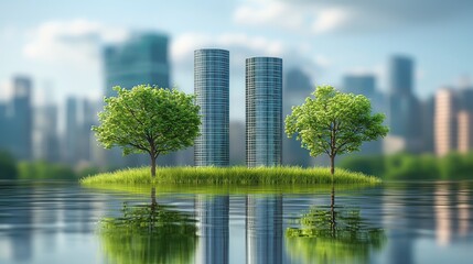 Fototapeta premium Vibrant cityscape featuring trees beautifully reflected in calm waters showcasing urban ecology and energy systems