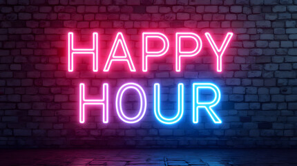 A striking neon sign with the words 'HAPPY HOUR' set against a weathered brick wall, glowing in a vibrant pink and blue hue, invoking anticipation. Generative AI
