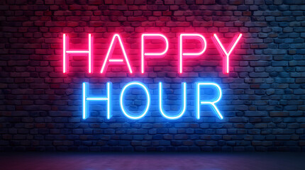 A striking neon sign with the words 'HAPPY HOUR' set against a weathered brick wall, glowing in a vibrant pink and blue hue, invoking anticipation. Generative AI
