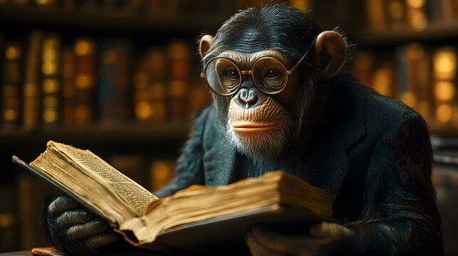 Intricate scene capturing an erudite simian deeply immersed in study within a cozy and elegantly appointed room