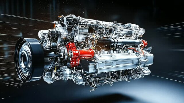 An exploded-view schematic of a high-performance sports car engine, each component floating in mid-air, emphasizing mechanical intricacy.