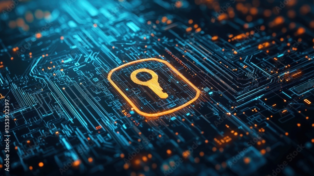 Poster lock secured on circuit board representing intelligent cybersecurity protocols and data protection m