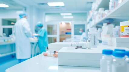 White table filled with medicines and boxes of medicines. Blurred two workers in white and blue lab coat in background of pharmacy or laboratory. Copy space