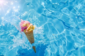 A cone with vanilla and strawberry cream ice cream falling into a pool with splashes