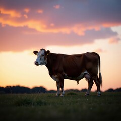 Cow standing alone in field at dusk, field, animal