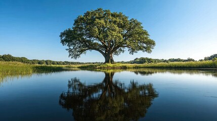 Obraz premium Solitary oak tree mirroring on calm river surface under clear blue skies