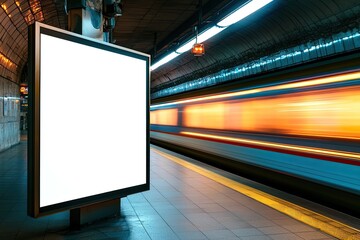 An empty advertising screen in a speeding subway station