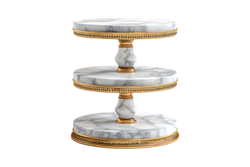 A triple tier marble pedestal with gold trim Isolated on White and Transparent Background PNG Image.