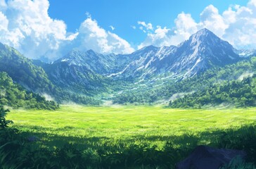 Fototapeta premium Breathtaking mountain landscape under a clear blue sky, vast green