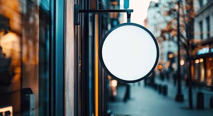 A round blank sign hangs outside on a busy city street