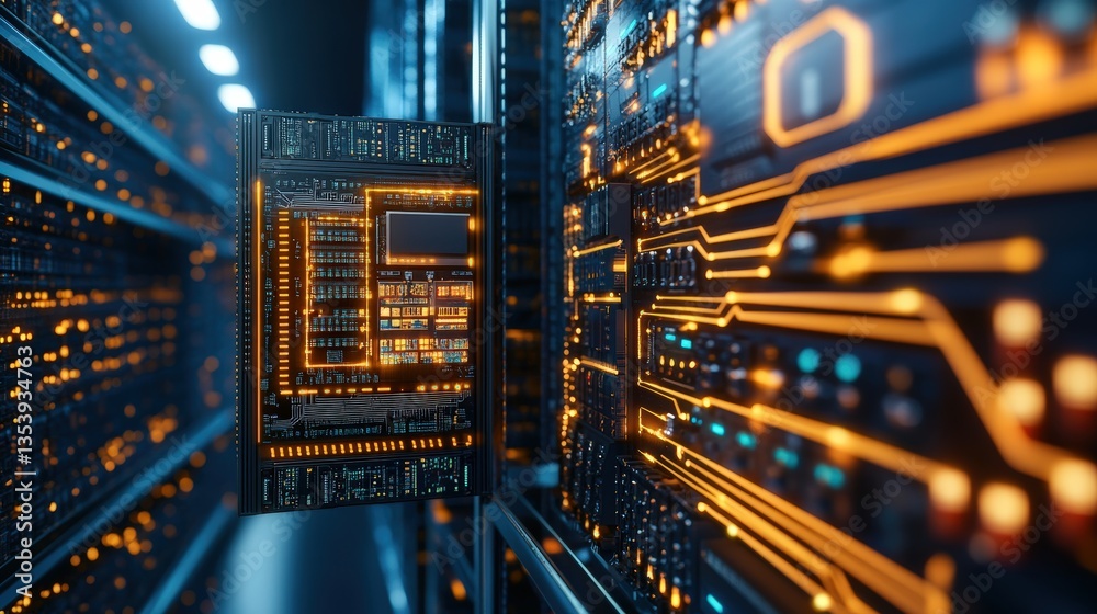 Poster close-up view of a glowing orange and blue circuit board partially inserted into a server rack showc