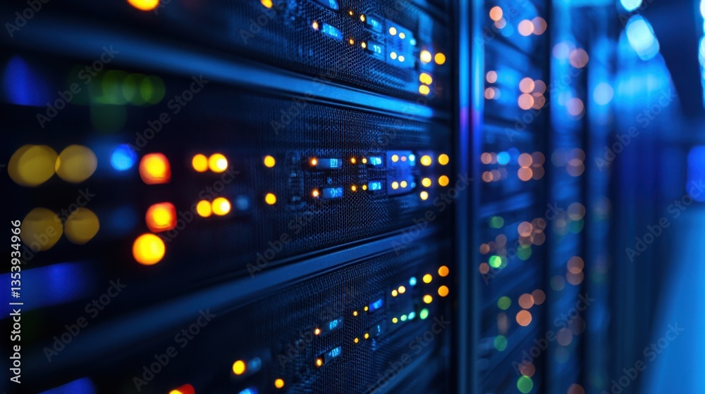 Poster high-tech server room filled with servers representing personalized data security solutions for digi