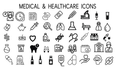 Fototapeta premium Medical, healthcare and pharmacy related editable stroke outline icons set isolated on white background flat vector illustration