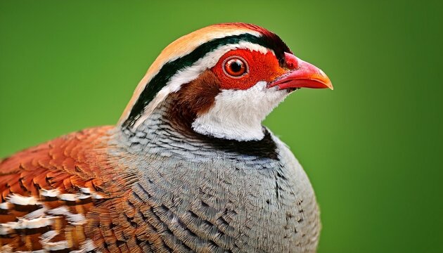 portrait alectoris rufa pink legged partridge on a uniform inexperienced background