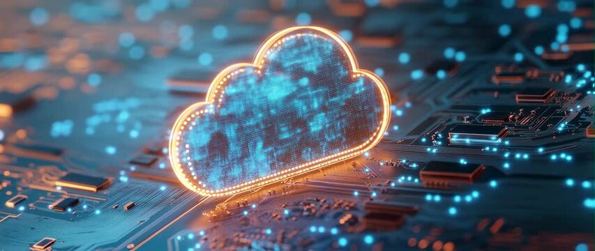 Anamorphic video of Cloud computing concept on circuit board, Digital visualization of cloud computing 