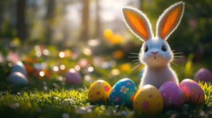 Festive Easter-themed scene with bunny ears colorful eggs and springtime decorations at home