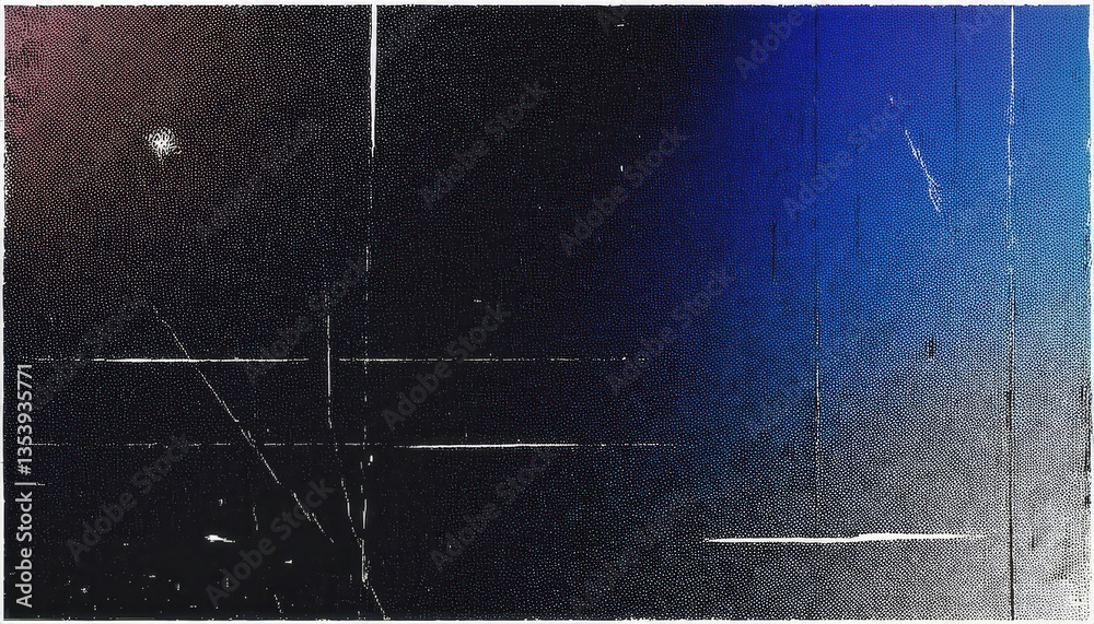 Poster distorted cosmic glitch texture with blue light flare and grainy noise, abstract digital background 