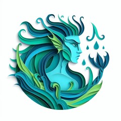 Obraz premium Intricate paper art depicting a vibrant aquatic humanoid merman emblem, triton