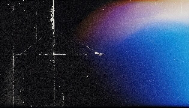 distorted cosmic glitch texture with blue light flare and grainy noise, abstract digital background for sci-fi and cyberpunk art

