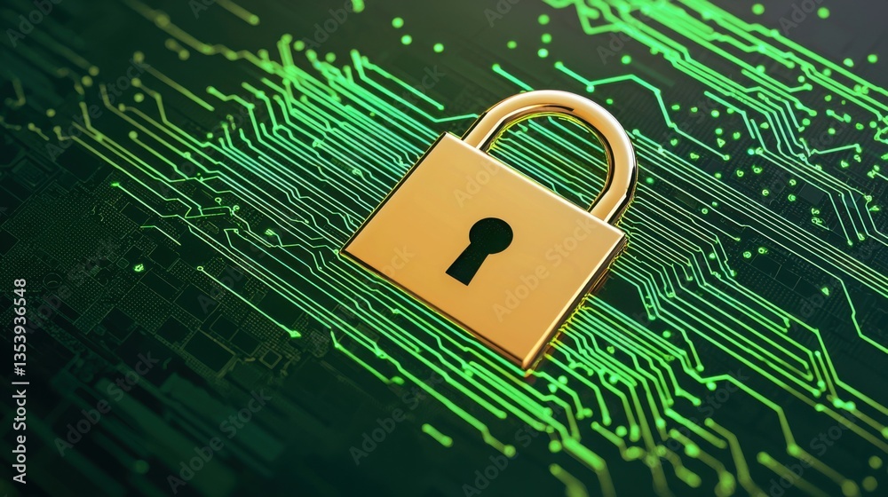 Poster secure padlock positioned on a circuit board illustrating quantum encryption techniques for enhanced