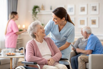 Obraz premium Elderly Woman and Caregiver Enjoying Quality Time Together Indoors 
