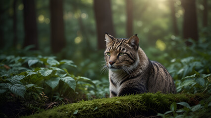 Forest cat sitting elegantly on a moss covered log amidst lush green foliage and sunlit tall trees exuding natural serenity