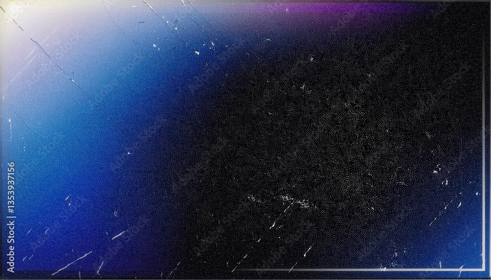 Poster distorted cosmic glitch texture with blue light flare and grainy noise, abstract digital background 