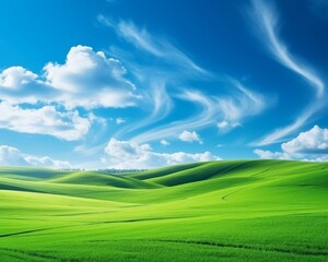 Fototapeta premium Idyllic Summer Scenic View of Rolling Green Hills, Blue Sky, and Picturesque Cloudscape.
