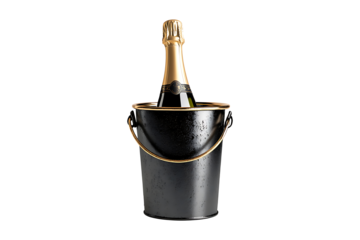 Bottle of champagne in a cooler bucket Isolated on White and Transparent Background PNG Image.