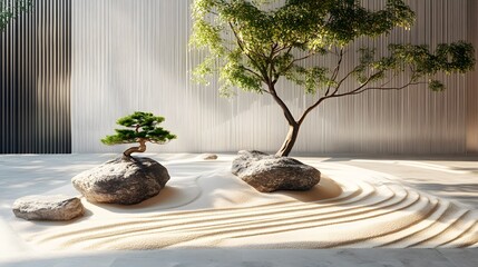Zen Garden Serenity: A tranquil zen garden design, showcasing a peaceful arrangement of sand, rocks, and meticulously crafted trees, symbolizing balance and contemplation.